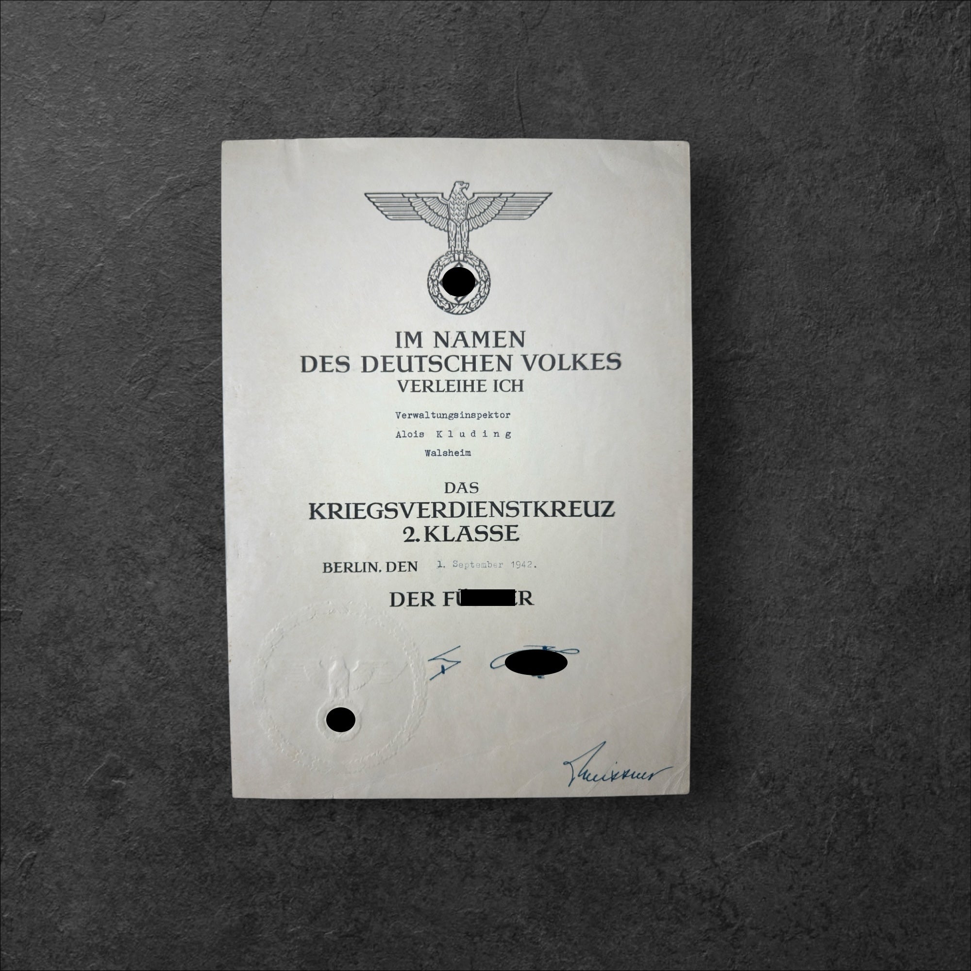 Verleihungsurkunde Kriegsverdienstkreuz 2.Klasse