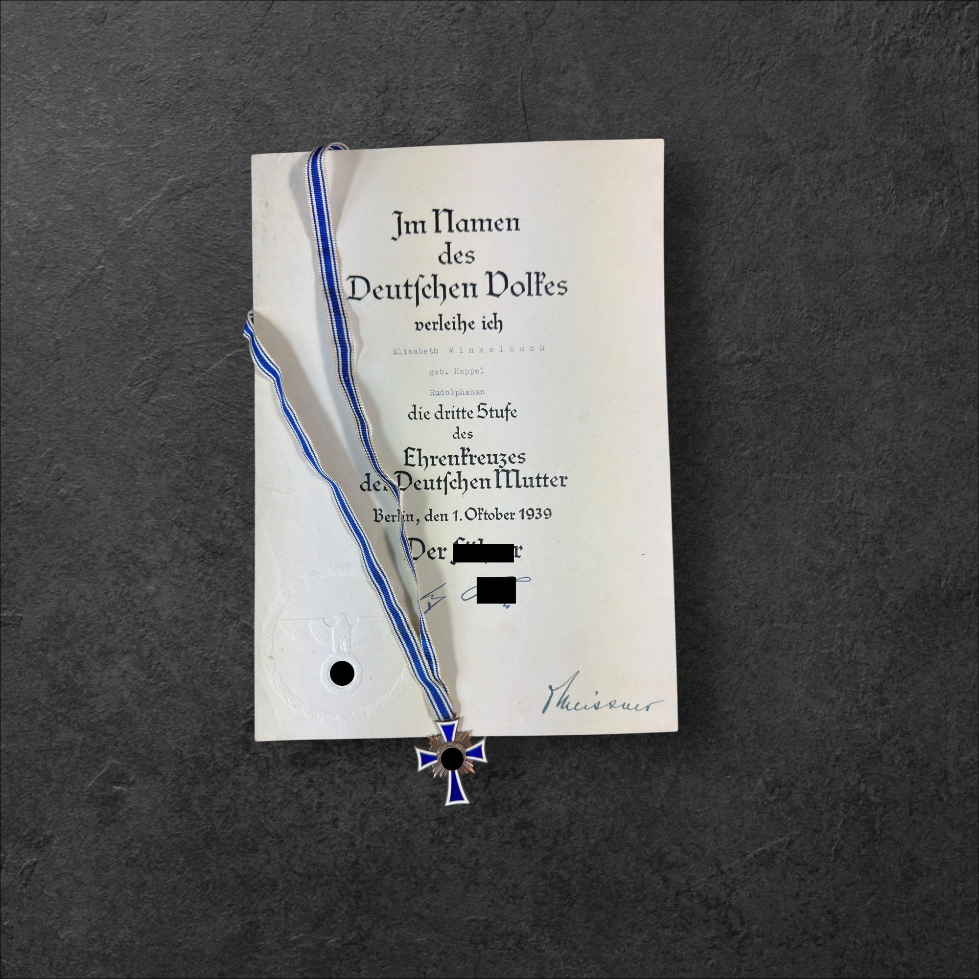 Ehrenkreuz der Deutschen Mutter 3.Stufe mit Urkunde