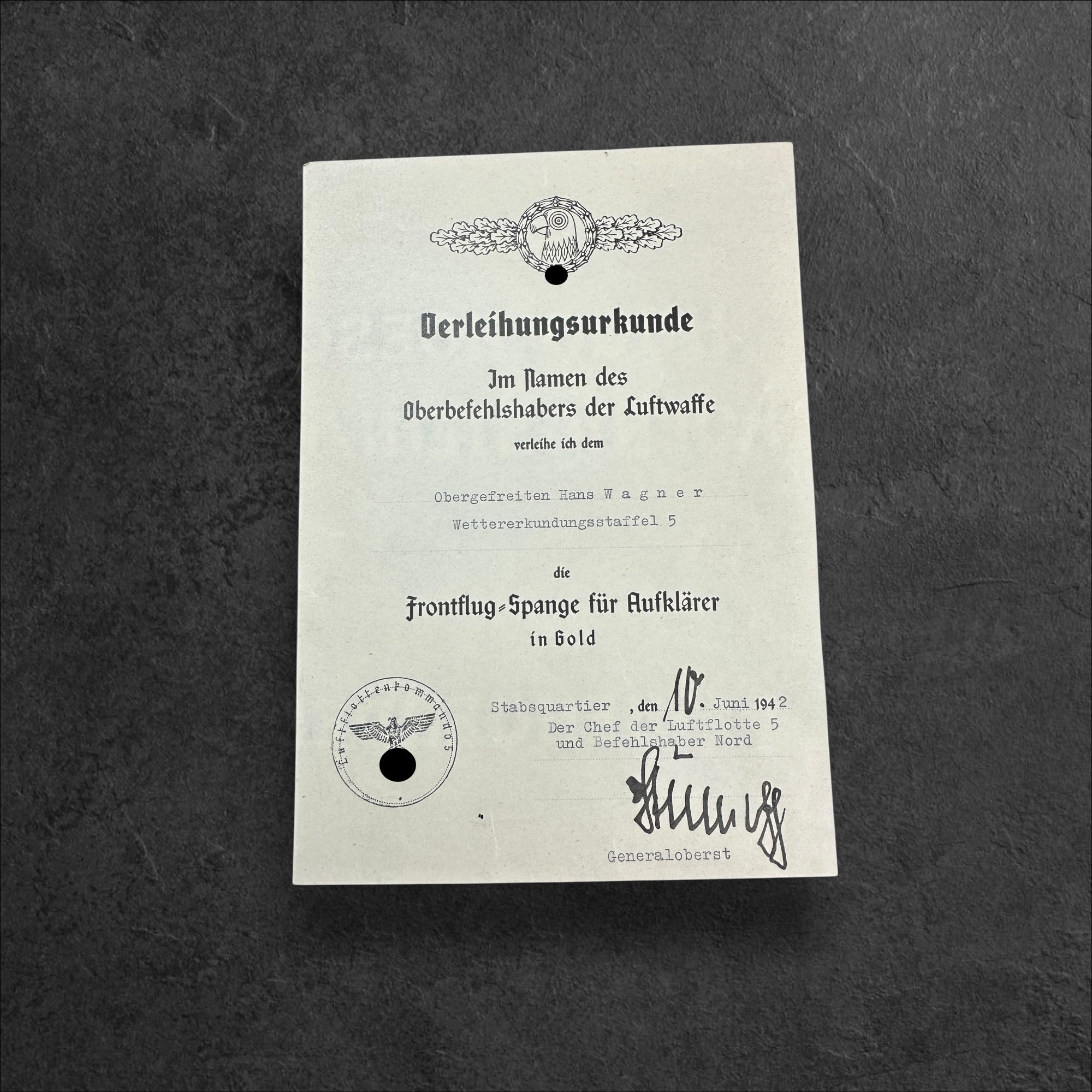 Kleiner Urkundennachlass des Obergefreiten Hans Wagner, Wettererkundungsstaffel 5