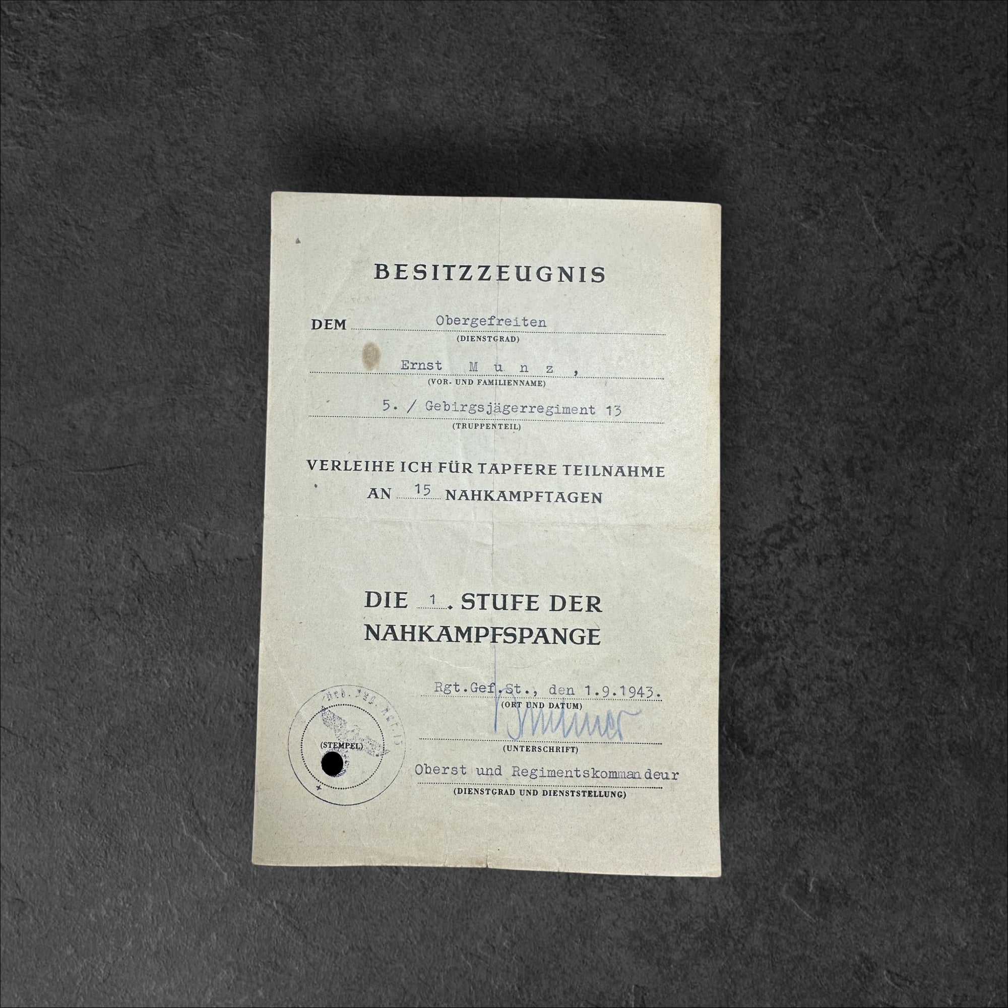 Nachlass des Obergefreiten Ernst Munz, 5.Gebirgsjägerregiment 13