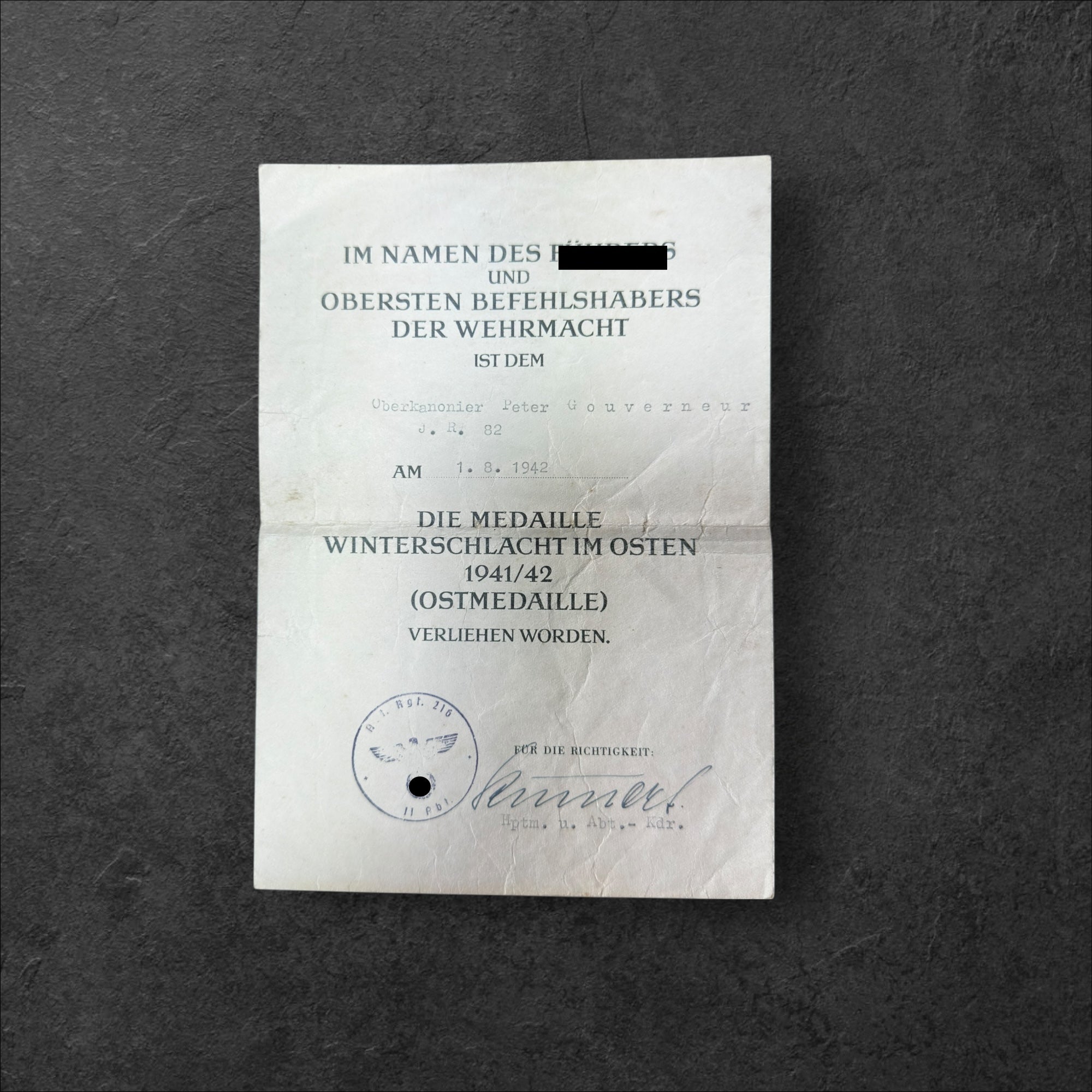 Urkundenachlass des Oberkanonier Peter Gouverneur